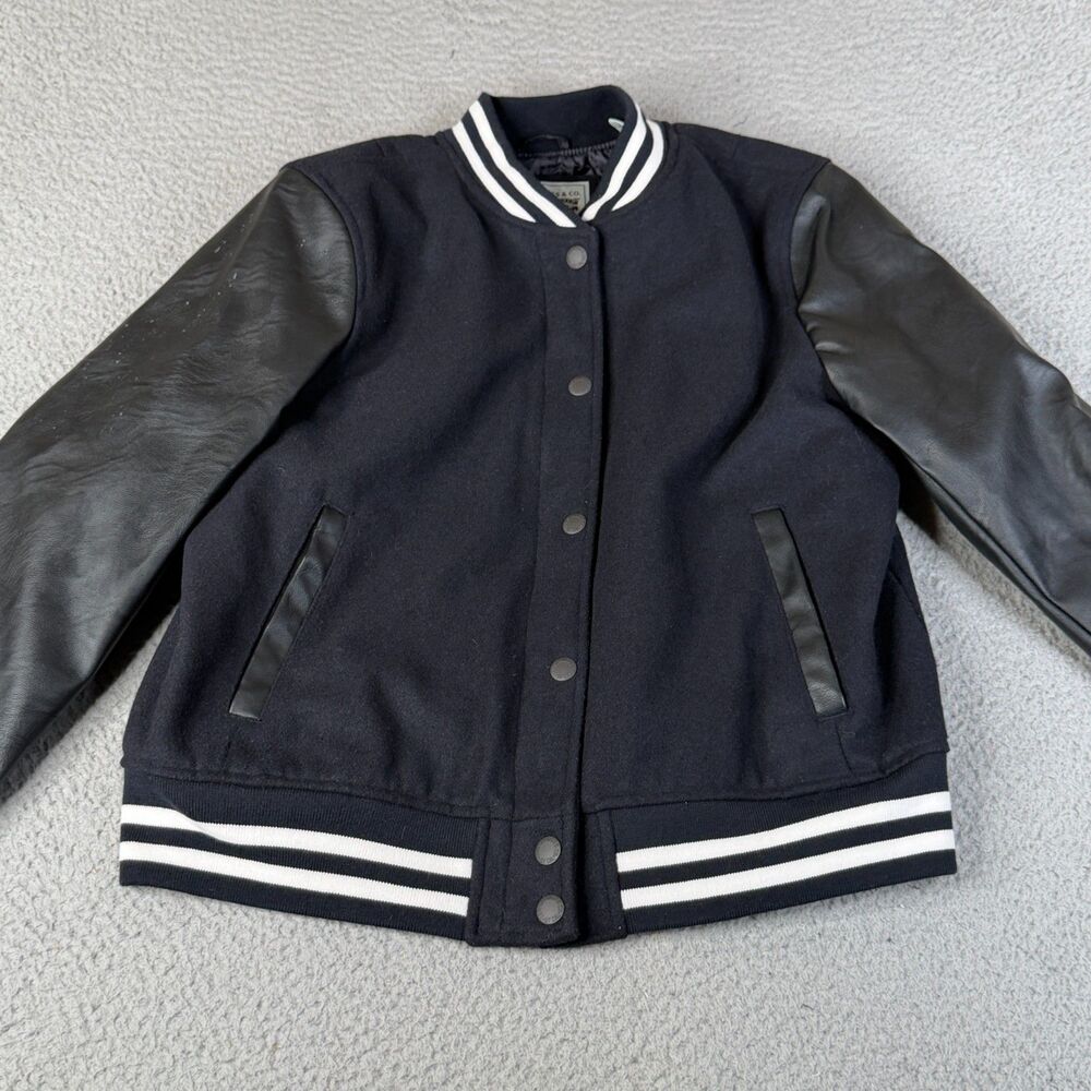 LEVI'S Bomber Jacket Womens XL Black Wool Blend Faux Leather Letterman Varsity